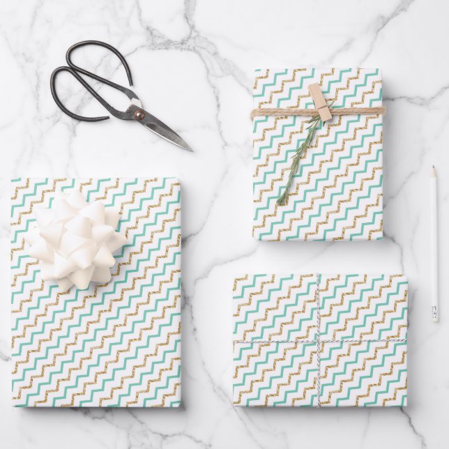 Modern Elegant Green Gold Zig Zag Chevron Wrapping Paper Sheets (Front)
