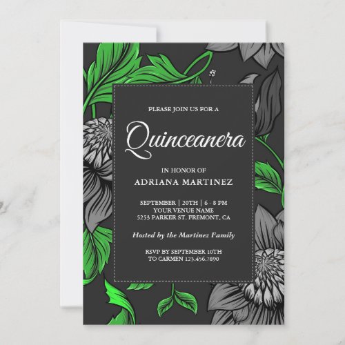 Modern Elegant Green Grey Botanical Quinceanera Invitation