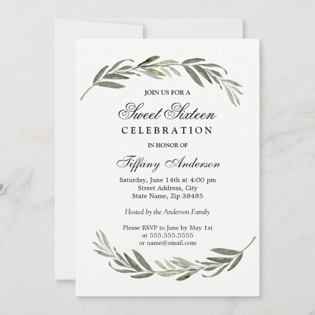 Modern Elegant Green Leaf Sweet 16 Invite (Front)