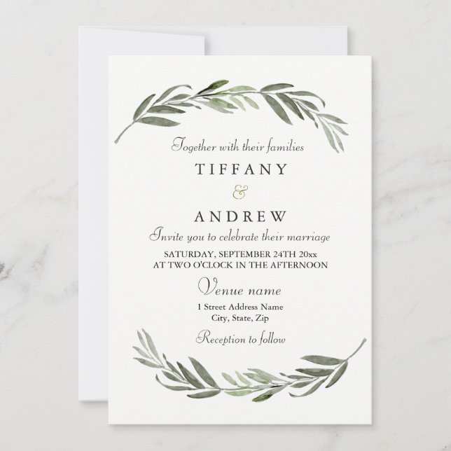 Modern Elegant Green Leaf Wedding Invitation (Front)