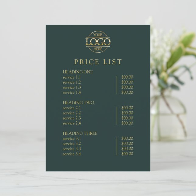 Modern Elegant Green Logo Service Menu Price List (Standing Front)
