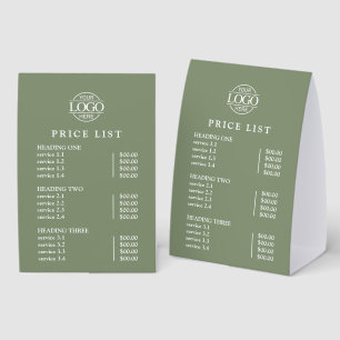 Modern Elegant Green Logo Service Menu Price List Paper Table Tent