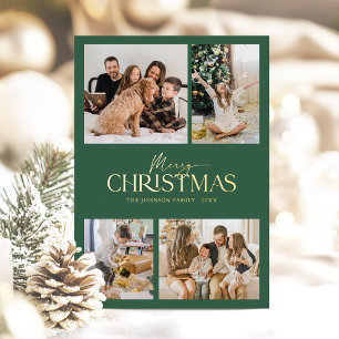 Modern Elegant Green Merry Christmas Family Photo Foil Holiday Card