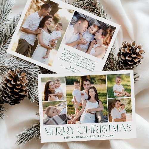 Modern Elegant Green Merry Christmas Photo Collage Holiday Card