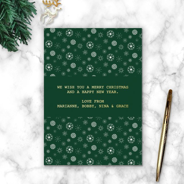 Modern Elegant Green Merry Christmas Snowflake  Foil Holiday Card (Green & Gold Family Christmas Card)