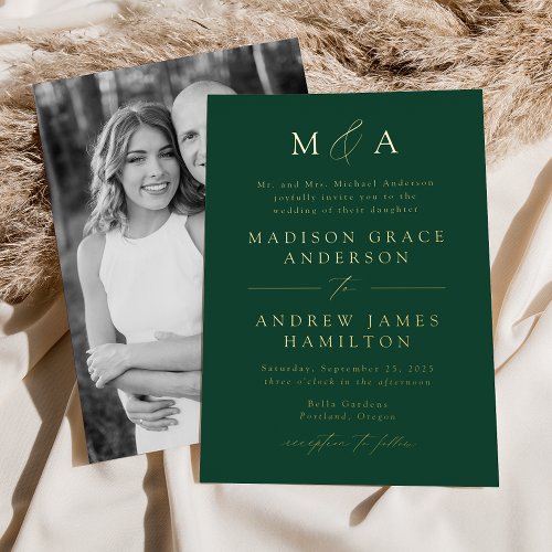 Modern Elegant Green Monogram Photo Wedding Foil Invitation