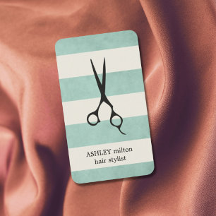 Modern Elegant Green Old White Stripes Hairstylist Business Card