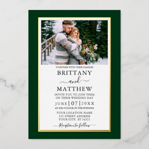 Modern Elegant Green Photo Wedding Gold Foil Invitation