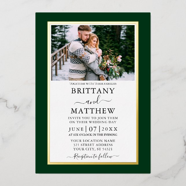 Modern Elegant Green Photo Wedding Gold Foil Invitation (Front)