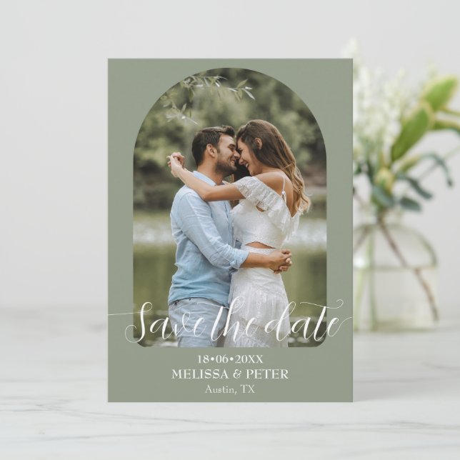 Modern Elegant Green QR code Save The Date (Standing Front)