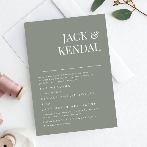 Modern Elegant Green Sage  Editable Names Wedding Invitation