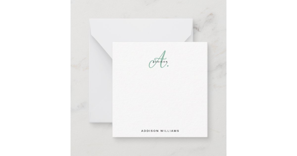 Modern Elegant Green Script Monogram Note Card | Zazzle