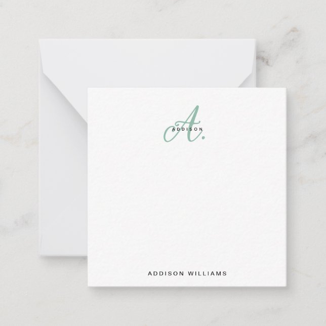 Modern Elegant Green Script Monogram Note Card (Front)