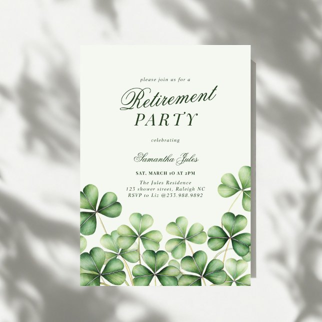 Modern Elegant Green Shamrock Retirement Party Invitation (Creator Uploaded)