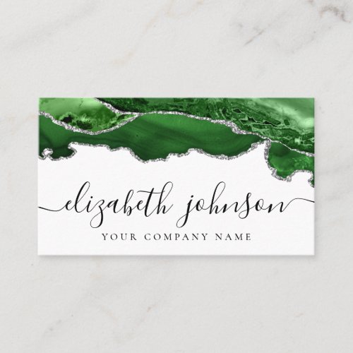 Modern Elegant Green Silver Glitter Agate Marble Business Card