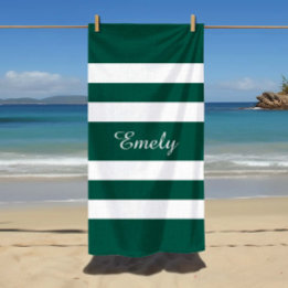 Modern Elegant Green Stripes Pattern Name Beach Towel