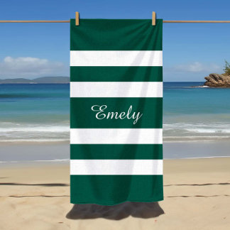 Modern Elegant Green Stripes Pattern Name Beach Towel