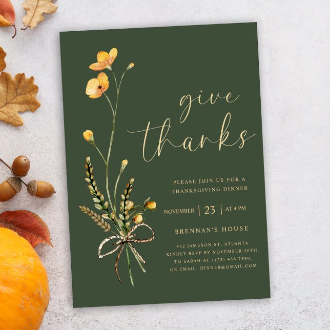 Modern Elegant Green Thanksgiving Dinner Invitation (Elegant Wildflower Green Thanksgiving Dinner Invitation)