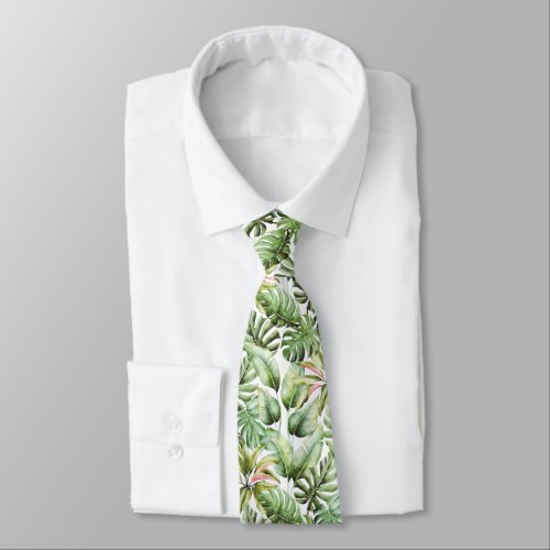 Modern elegant green tropical watercolor leaves neck tie