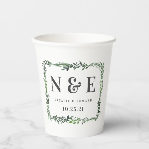 modern elegant green watercolor foliage wedding paper cups