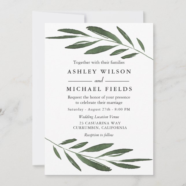 Modern Elegant Green Watercolor Leaf Wedding Invitation (Front)