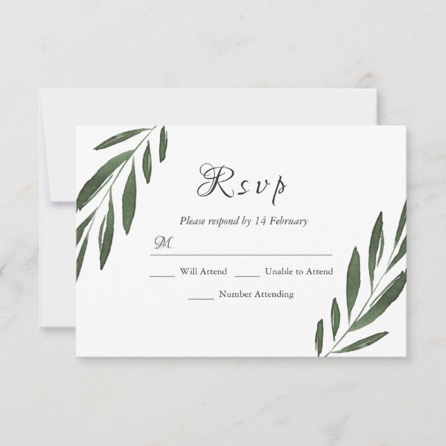 Modern Elegant Green Watercolor Leaf Wedding RSVP (Front)