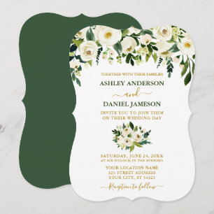 Modern Elegant Green White Floral Gold Wedding Invitation