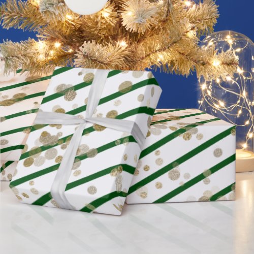 Modern Elegant Green White Stripe Gold Dots Wrapping Paper
