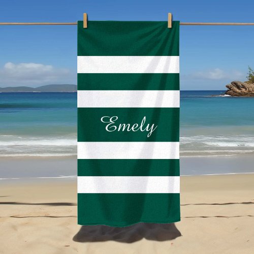 Modern Elegant Green White Stripes Pattern Name Beach Towel
