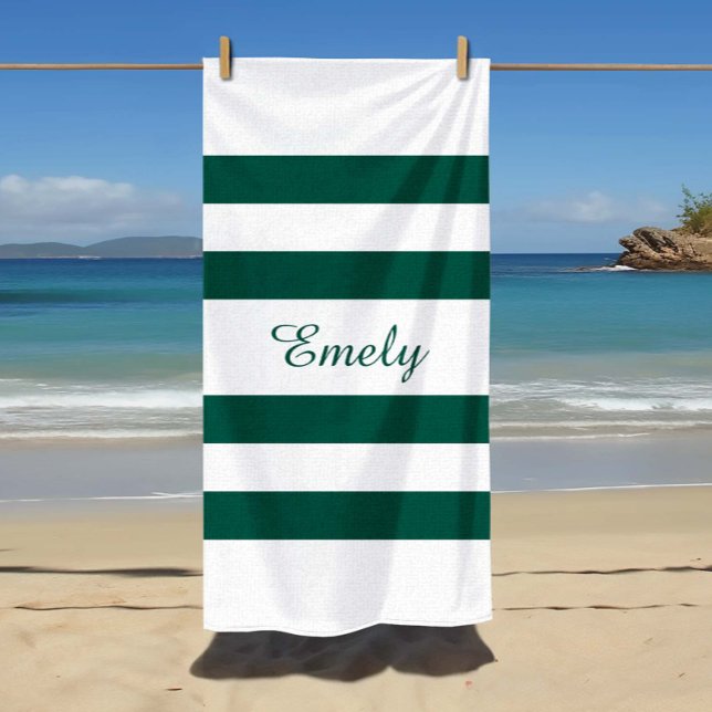 Modern Elegant Green White Stripes Pattern Name Beach Towel (Modern Elegant Green White Stripes Pattern Name Beach Towel)