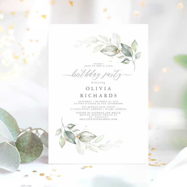 Modern Elegant Greenery Birthday Party Invitation (Minimalist Greenery Birthday Invitations)