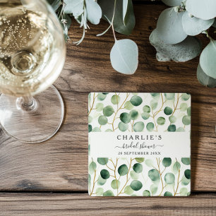 Modern Elegant Greenery Bridal Shower Square Paper Coaster