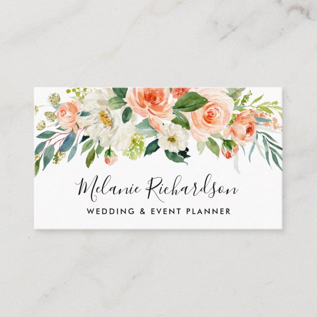 Modern Elegant Greenery Coral Floral Business Card (Front)
