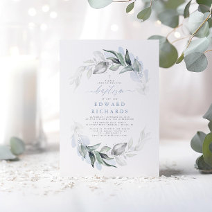 Modern Elegant Greenery Dusty Blue Baptism Invitation