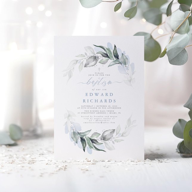 Modern Elegant Greenery Dusty Blue Baptism Invitation (Silver Greenery Baptism Invitations)
