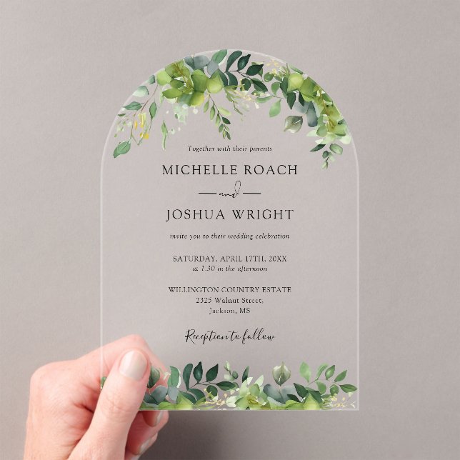 Modern Elegant Greenery Floral Arched Wedding Acrylic Invitations (Insitu (Handheld))