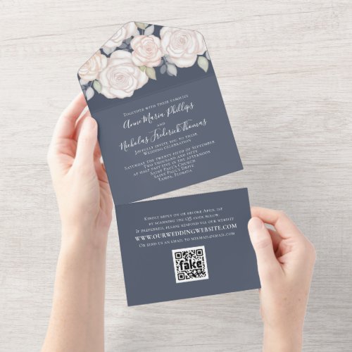 Modern Elegant Greenery Floral Watercolor QR Code  All In One Invitation