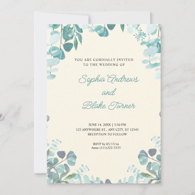 Modern Elegant Greenery Framed Yellow Wedding Invitation (Front)