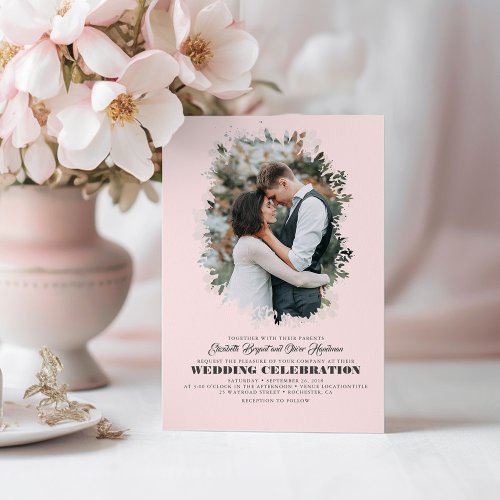 Modern Elegant Greenery Photo Overlay Pink Wedding Invitation