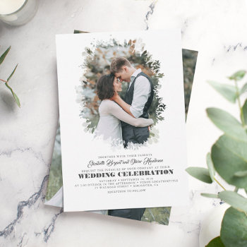 Modern Elegant Greenery Photo Overlay Wedding Invitation by lovelywow at Zazzle