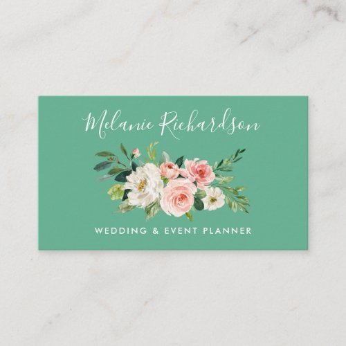 Modern Elegant Greenery Pink Floral Neo Mint Business Card