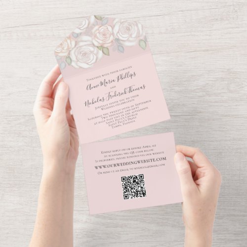 Modern Elegant Greenery Watercolor Floral QR Code All In One Invitation
