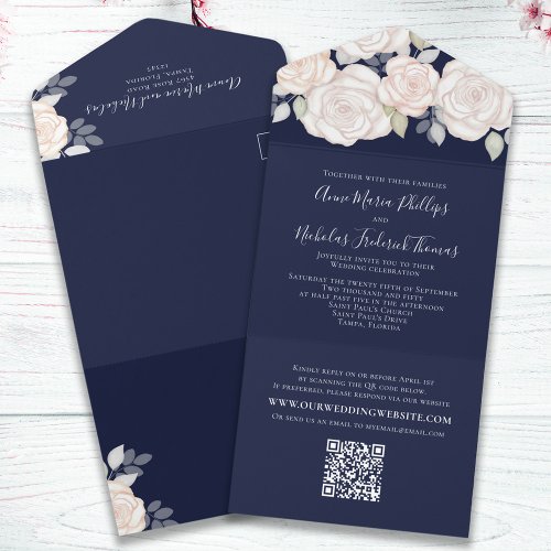 Modern Elegant Greenery Watercolor Floral QR Code All In One Invitation