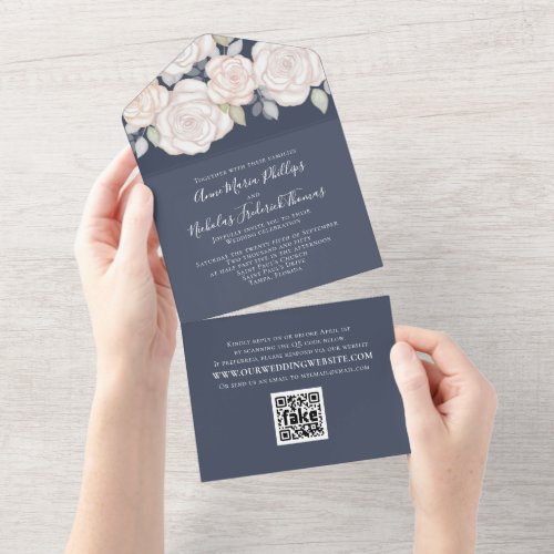 Modern Elegant Greenery Watercolor Floral QR Code  All In One Invitation