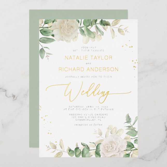 Modern Elegant Greenery Wedding Foil Invitation (Front/Back)