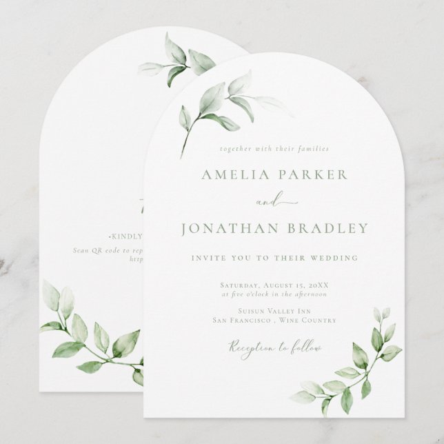Modern Elegant Greenery Wedding Invitations (Front/Back)