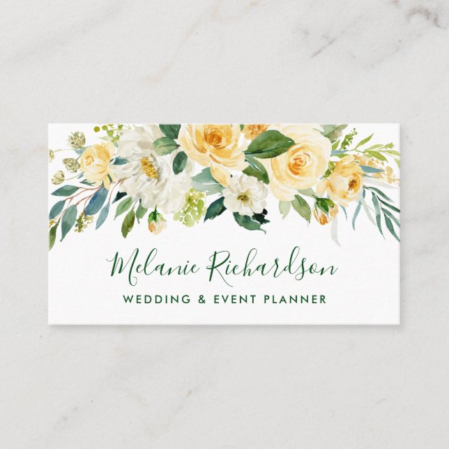 Modern Elegant Greenery Yellow Floral Green Business Card (Front)