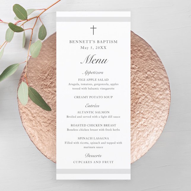 Modern Elegant Grey Baptism Menu (Modern gender neutral  baptism menu with script headlines and simple cross.)