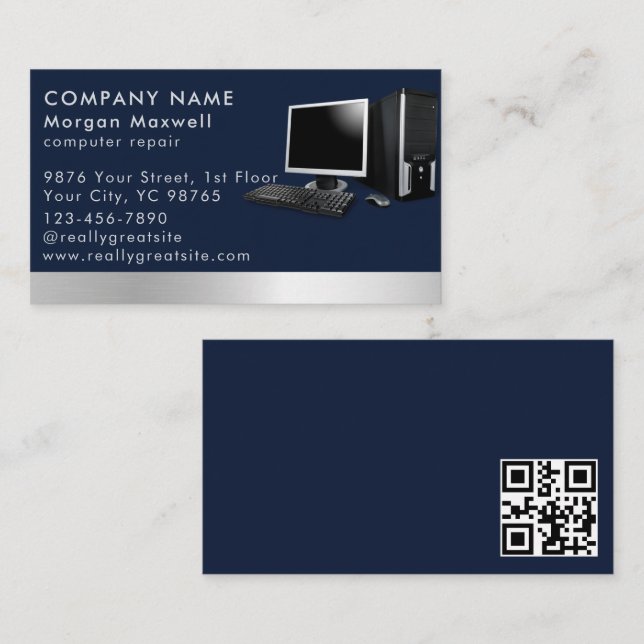 Modern Elegant Grey Blue Circuit Computer  qr code Business Card (Front/Back)