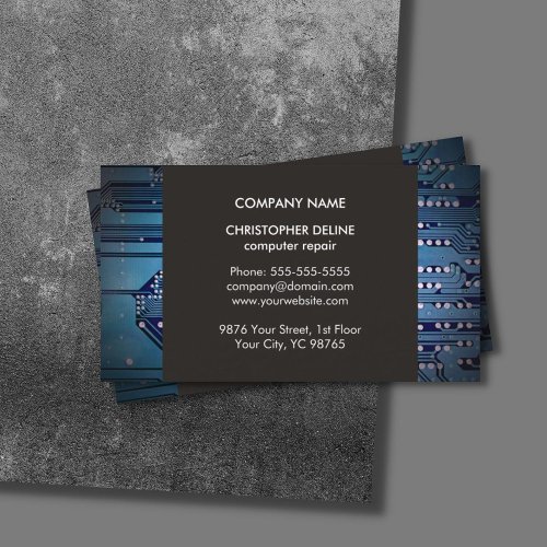 Modern Elegant Grey Blue Circuit Computer Repair Business Card